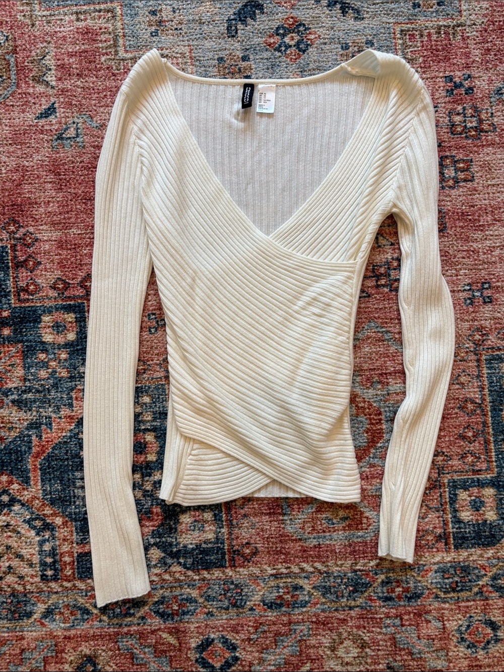H&M Cream Ribbed Wrap-Front Long Sleeve Top